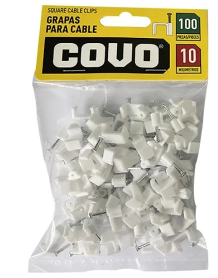 GRAPA CUADRADA PARA CABLE PLASTICAS BLANCAS 100 PIEZAS COVO