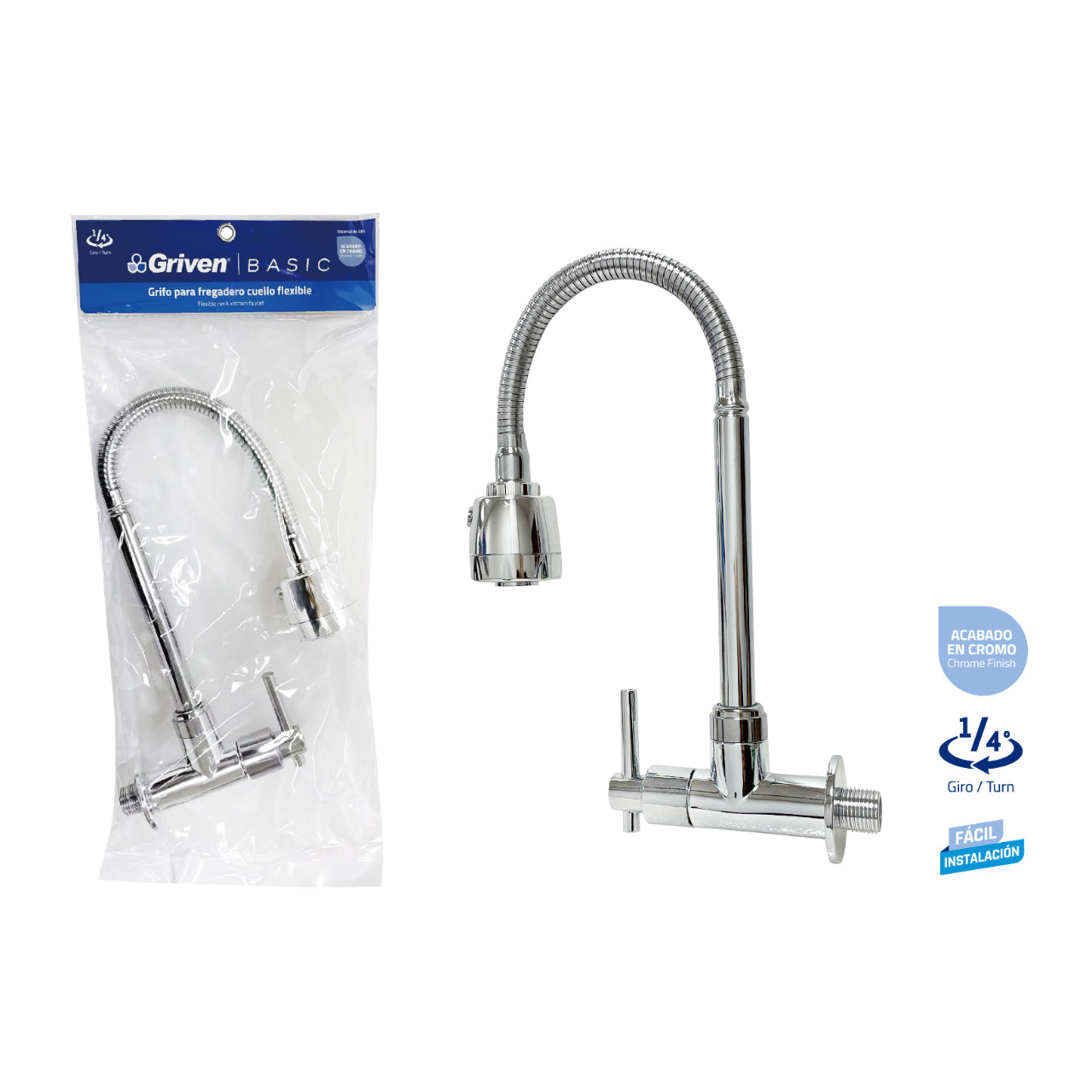 LLAVE FREGADERO DE PARED CUELLO FLEXIBLE 1/4 DE VUELTA GRIVEN