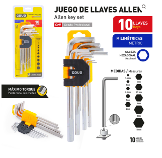 LLAVE ALLEN HEXAGONAL ESFERICO 10 PCS MILIMETRICA COVO