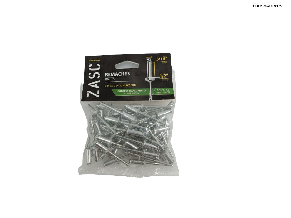 REMACHE CIEGO NATURAL 3/16"X1/2" ALUMINIO (APROX. 50 PZS). ZASC