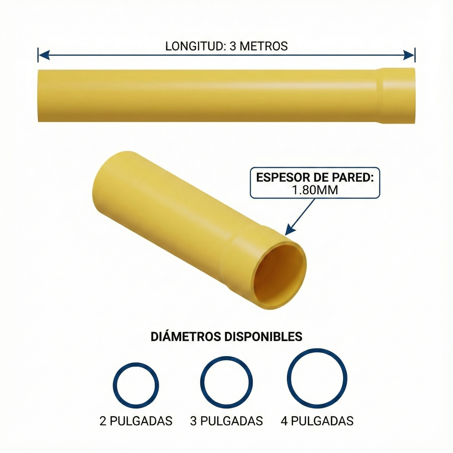TUBO 3 METROS 1.80MM AMARILLO AGUAS NEGRAS